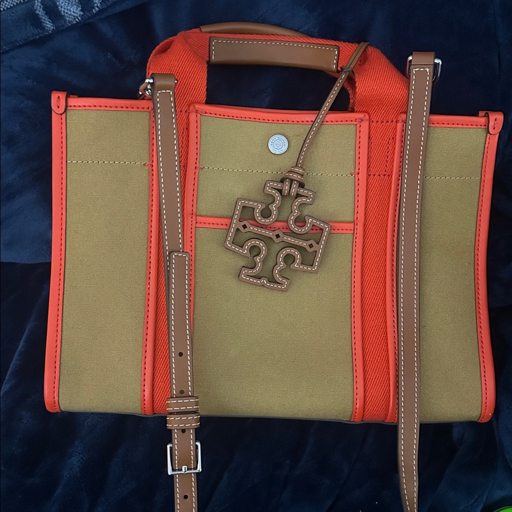 Tory Burch Olive and Coral Tote